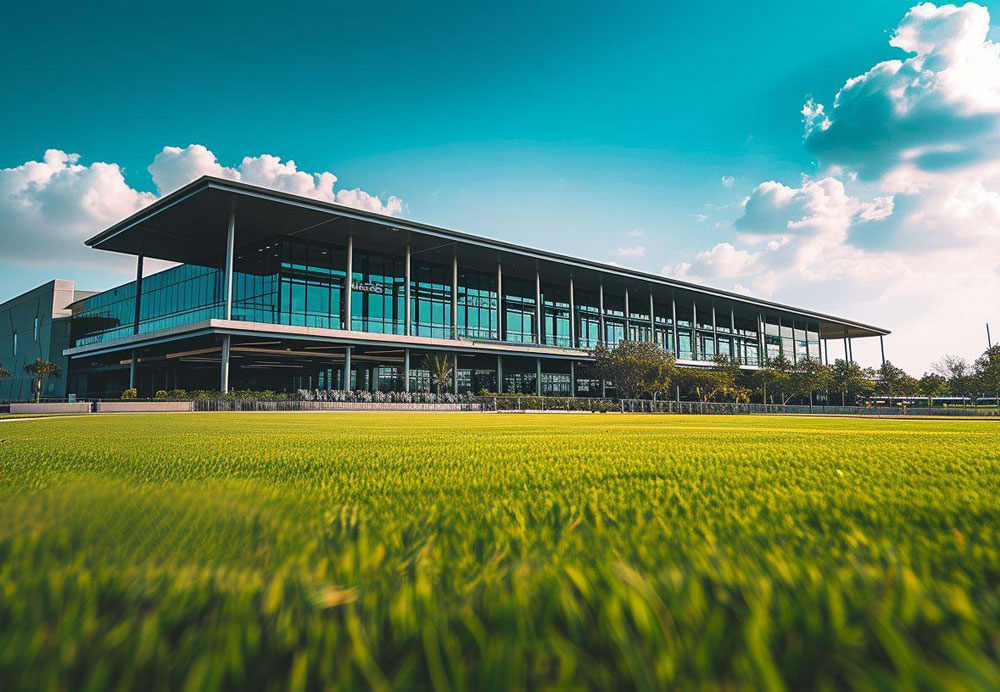 A building with a large roof and a green lawn