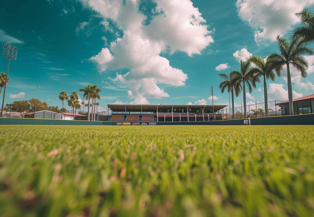 A field of grass with a building and palm trees