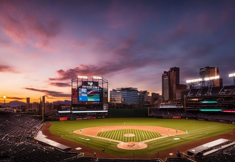 A baseball field with a city skyline in the background