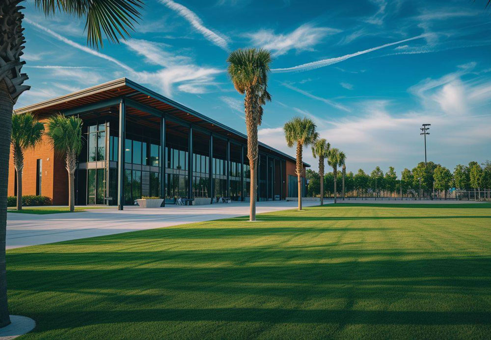 A building with a glass wall and a lawn with palm trees