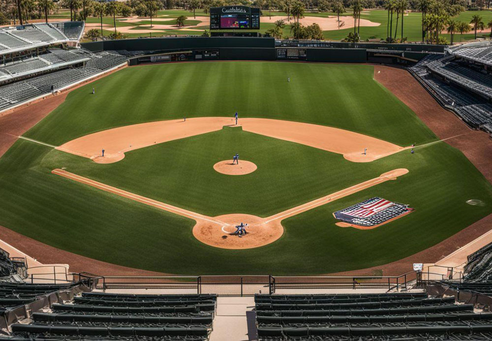 A baseball field with a baseball player on the mound