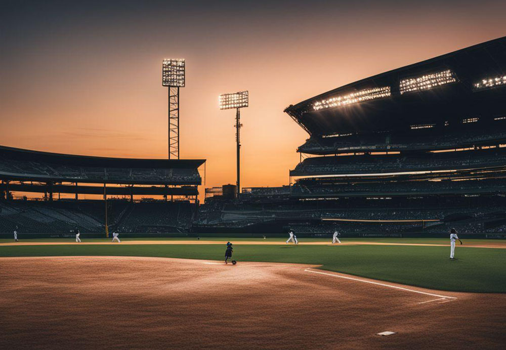 A baseball field with people on the field