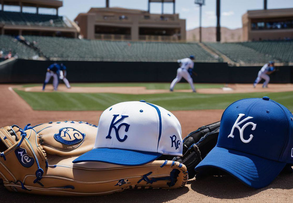 Baseball caps and gloves on a baseball field