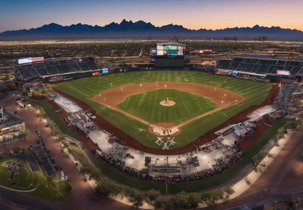 A baseball field with a diamond and a crowd of people