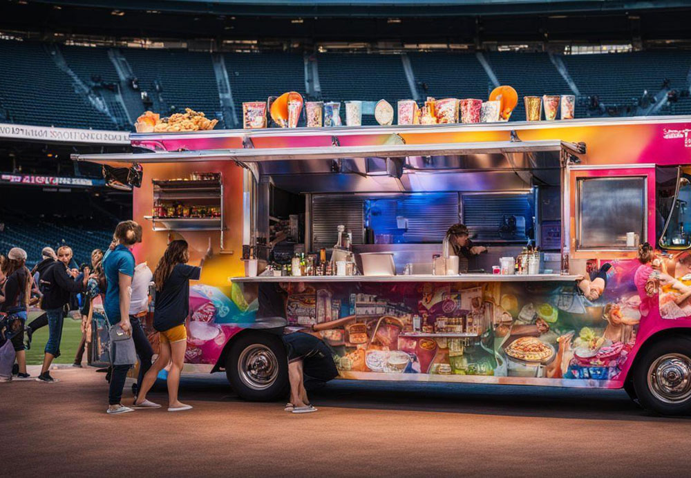 A food truck with people standing in front of it