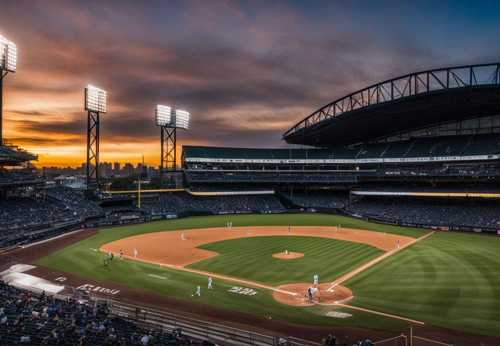 A baseball field with people playing baseball