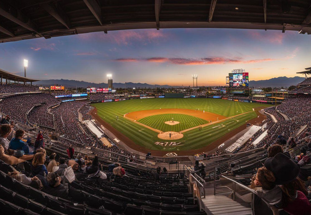 A baseball stadium with people sitting in the stands