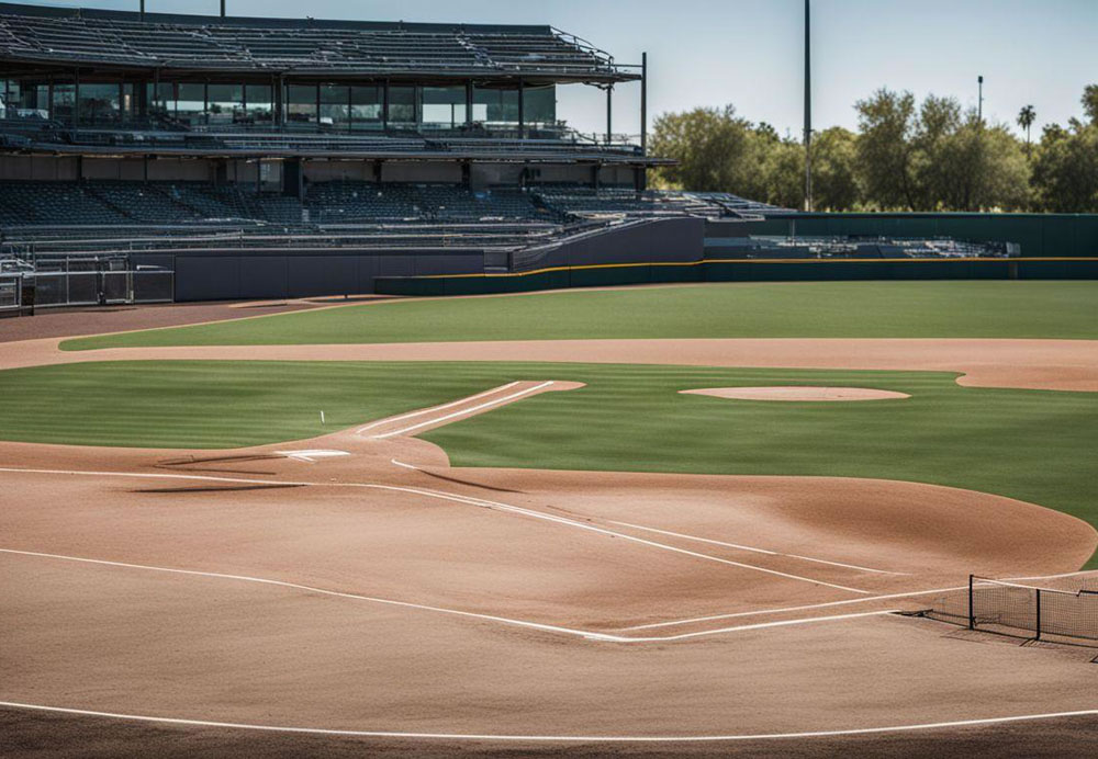 A baseball field with a pitcher in the middle