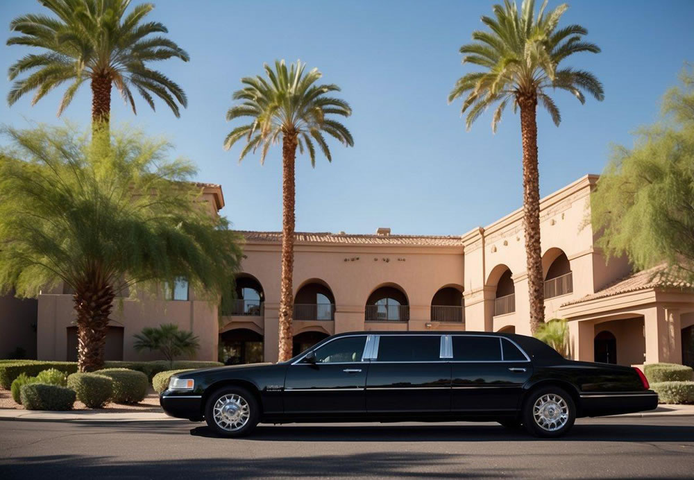 A sleek black limousine parked in front of a luxury hotel in Scottsdale, Arizona, with palm trees and a clear blue 
				sky in the background