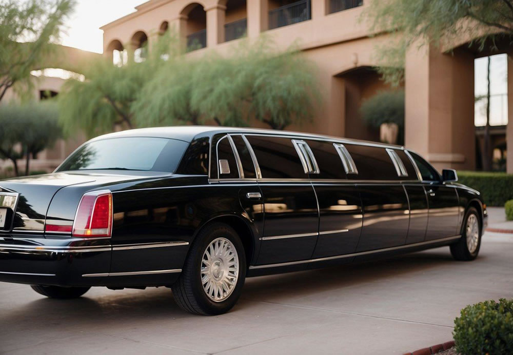 A sleek, black limousine parked in front of a luxury hotel in Scottsdale, Arizona. A chauffeur in a crisp uniform stands by the open door, ready to assist