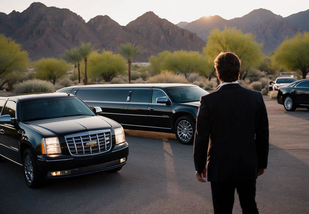 A person books a limo online, enters rental details, and views the cost. The limo is parked in front of a Scottsdale, Arizona backdrop