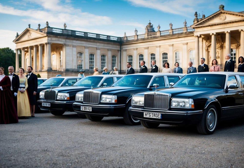 A line of historical limousines parked outside a grand building, surrounded by elegantly dressed people from different time periods