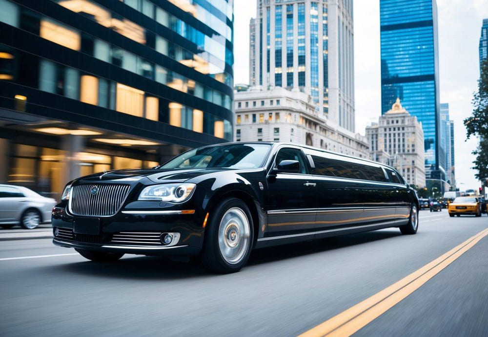 A sleek, black limousine glides through a bustling city, passing by skyscrapers and luxury hotels, reflecting the modern usage and services of these iconic vehicles