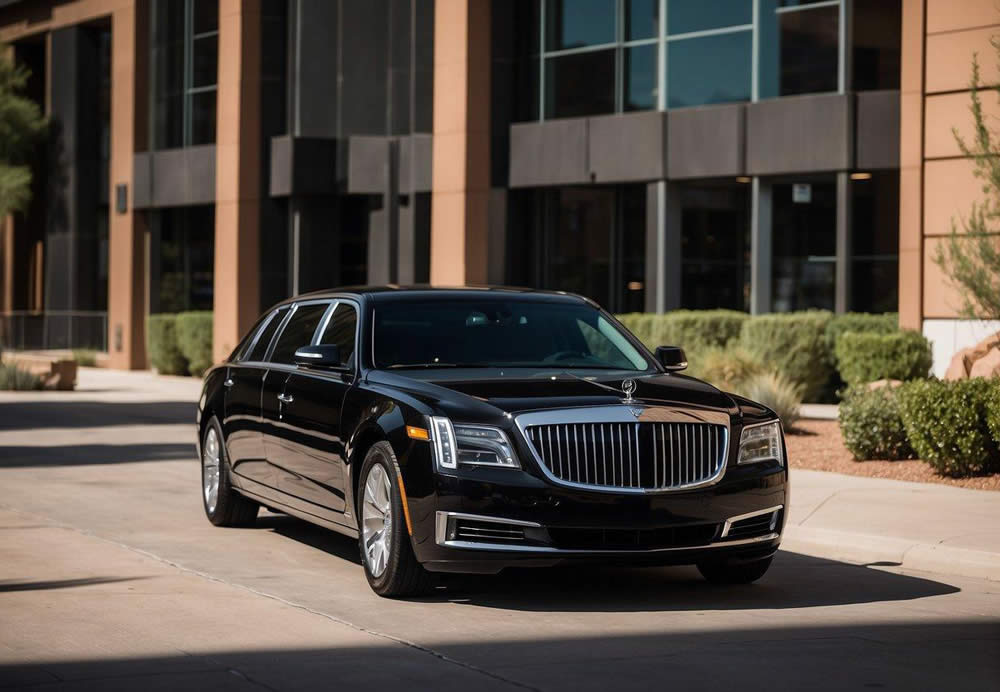 A sleek black limousine pulls up to a modern office building in Scottsdale, Arizona. The company logo is prominently displayed on the vehicle, showcasing their corporate limo services