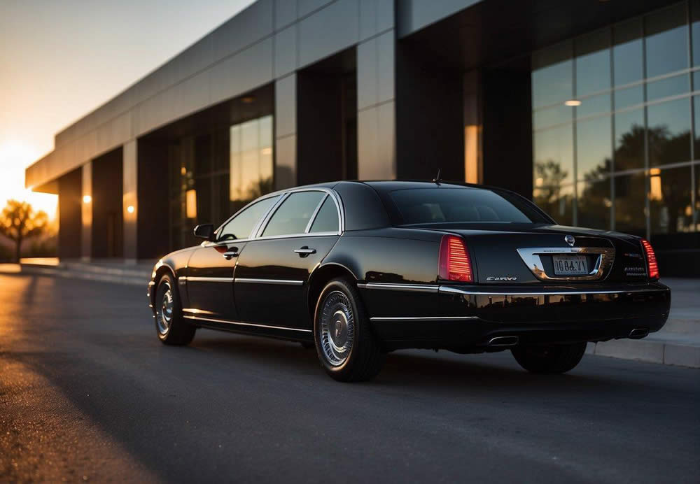 A sleek black limousine pulls up to a modern office building in Scottsdale, Arizona. The sun is setting, casting a warm glow over the city skyline in the background