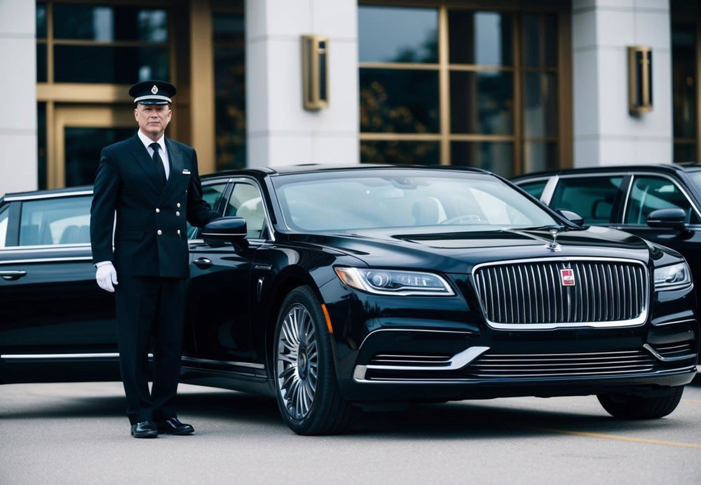 A sleek, black limousine parked in front of a luxurious hotel, with a uniformed chauffeur standing beside the open door, ready to assist