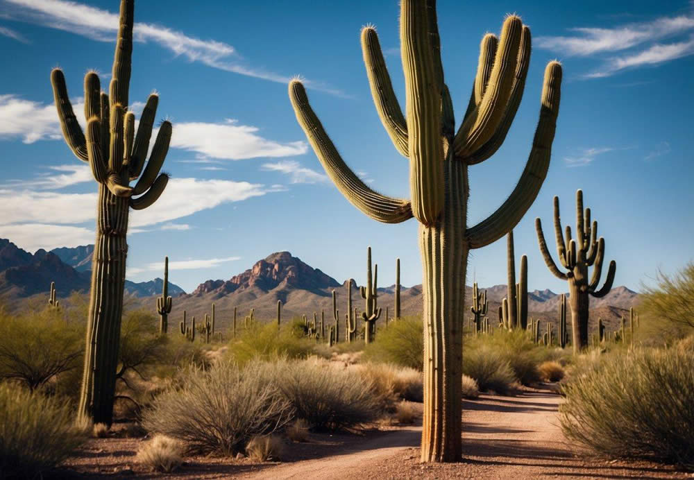 A winding desert road leads to iconic landmarks in Scottsdale, Arizona. Saguaro cacti dot the landscape, framed by majestic mountains and a vibrant blue sky