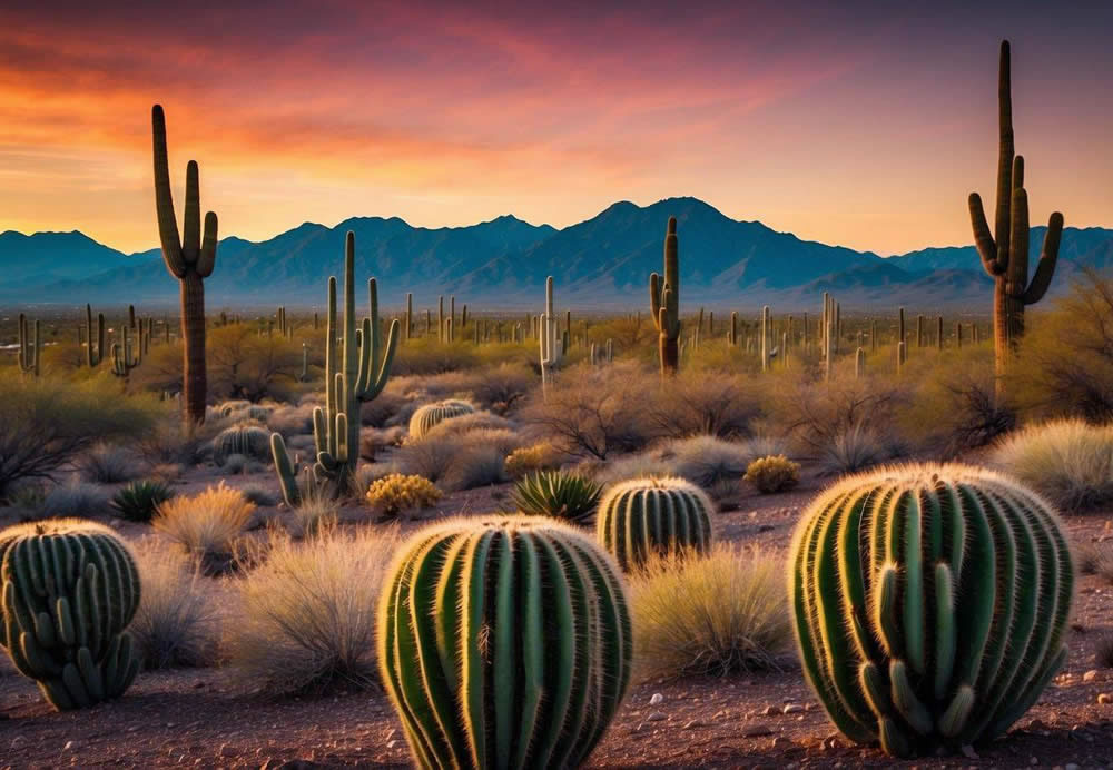 Vibrant desert landscape with iconic saguaro cacti, rugged mountains, and colorful sunsets, showcasing the beauty of Scottsdale, Arizona