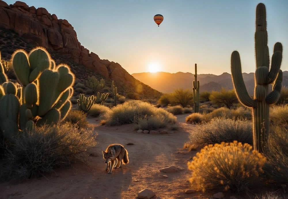 Hiking trails wind through cacti and rocky terrain. Hot air balloons float above colorful sunsets. A coyote howls in the distance