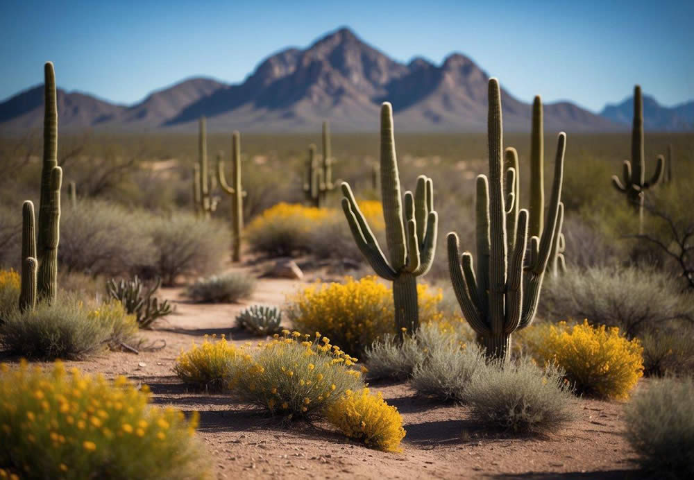 Vibrant desert landscape with towering saguaro cacti, colorful wildflowers, and a majestic mountain backdrop. A variety of wildlife, including coyotes, roadrunners, and javelinas, roam freely in their natural habitat