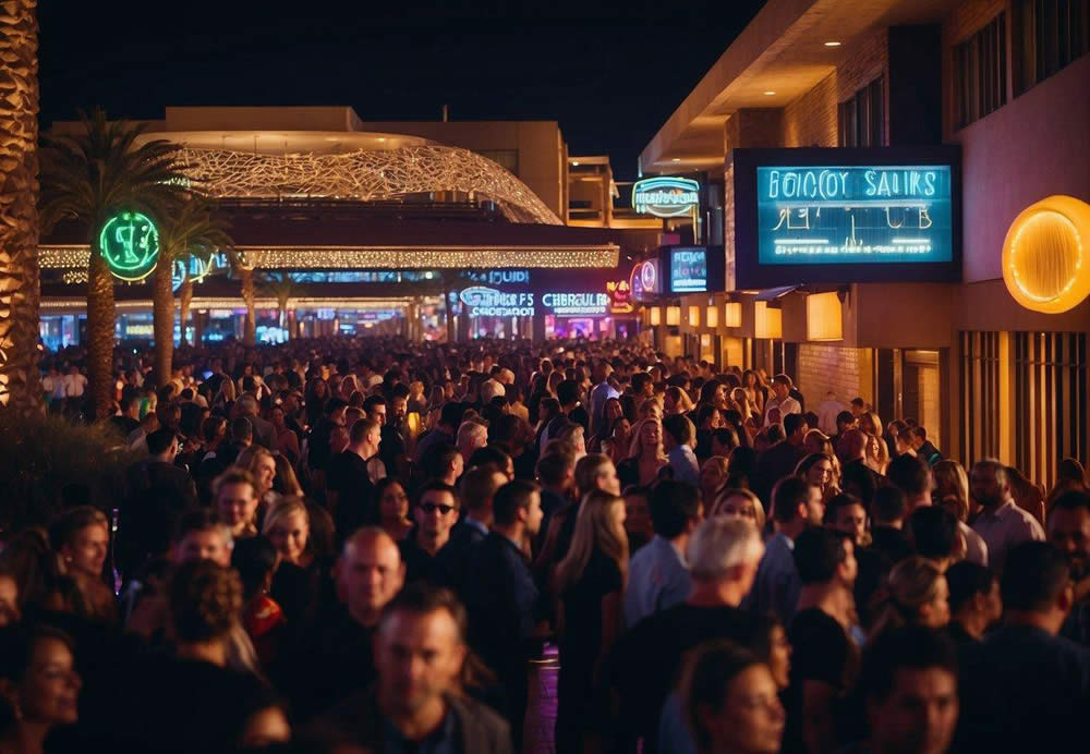 A bustling cityscape with neon-lit signs and vibrant crowds outside the top 10 nightclubs in Scottsdale, showcasing the energetic nightlife scene