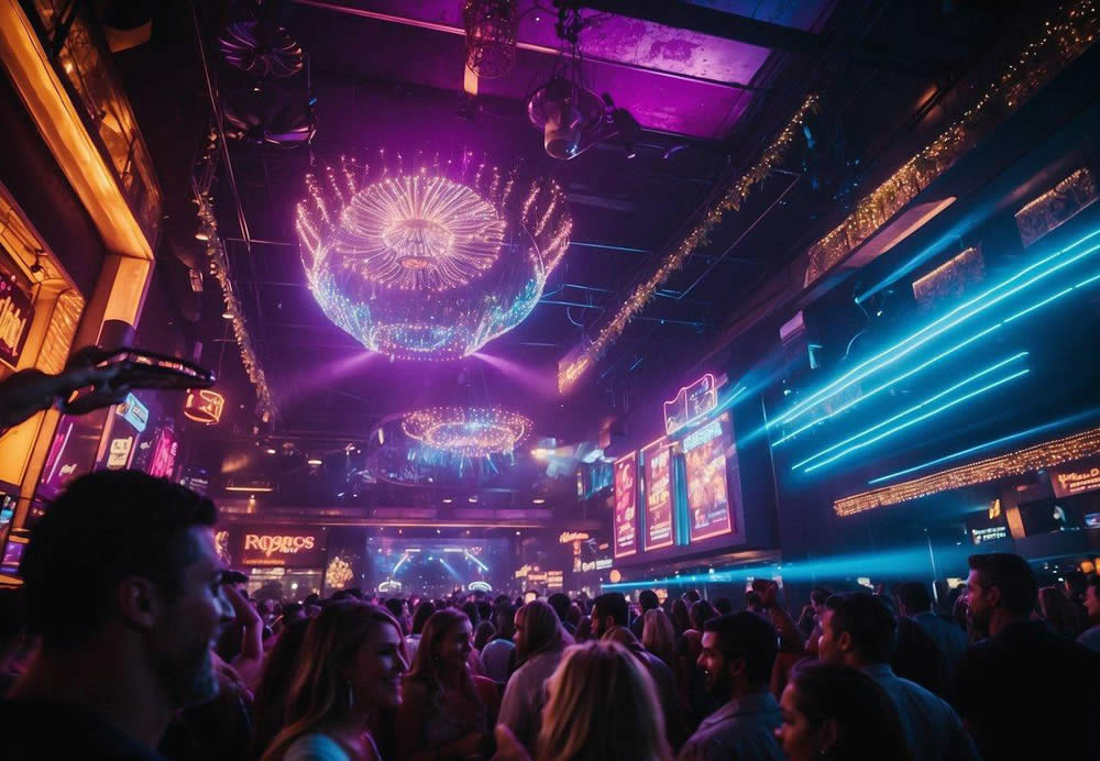 A bustling scene of neon lights, pulsing music, and lively crowds in the top 10 nightclubs of Scottsdale, creating an atmosphere of excitement and energy