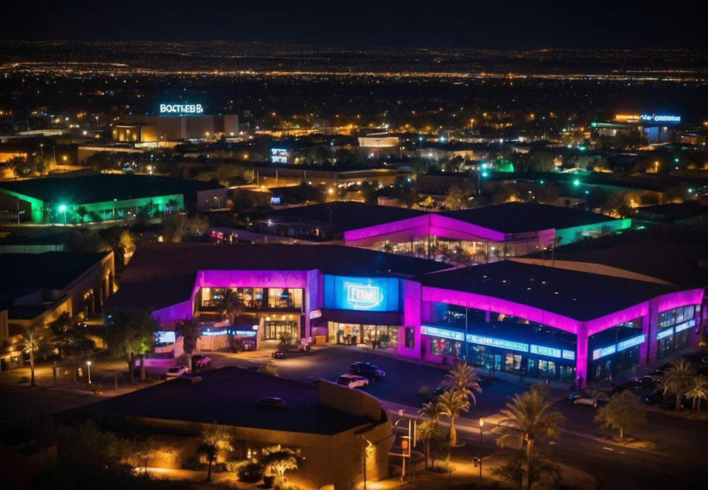 A vibrant cityscape with neon-lit buildings and bustling streets, showcasing the top 10 nightclubs in Scottsdale. Bright lights and lively energy radiate from the venues, creating an electric atmosphere