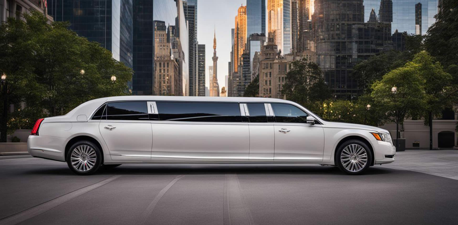 A white limousine parked in front of a city