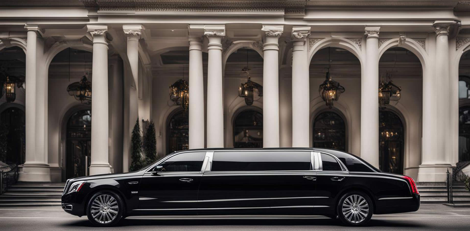 A black limousine parked in front of a building