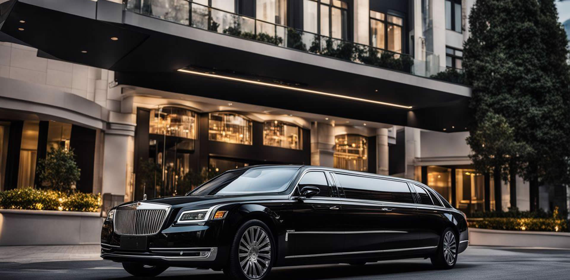 A black limousine parked in front of a building